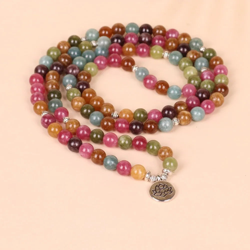 Multi-layer lotus hanging bracelet with 108 tourmaline beads on a metal alloy string