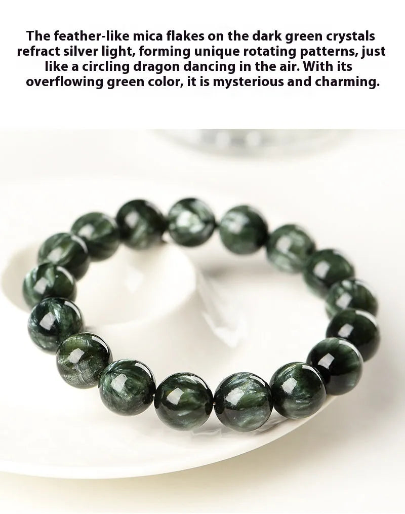 Green Dragon Crystal bracelet with 8-9mm round beads and Ruyi design on a single ring.