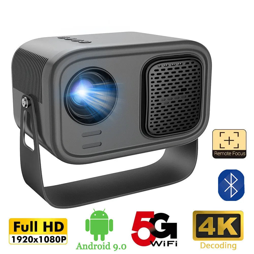 Matte black portable smart HD projector with remote control on wooden surface