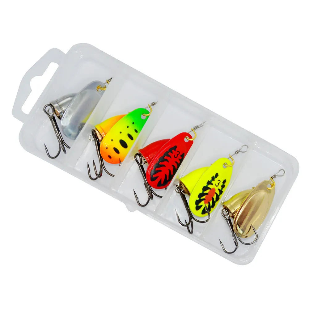 R Composite Rotating Sequins Copper Bell metal fishing lure in multiple colours including yellow green, gold, red, and silver.
