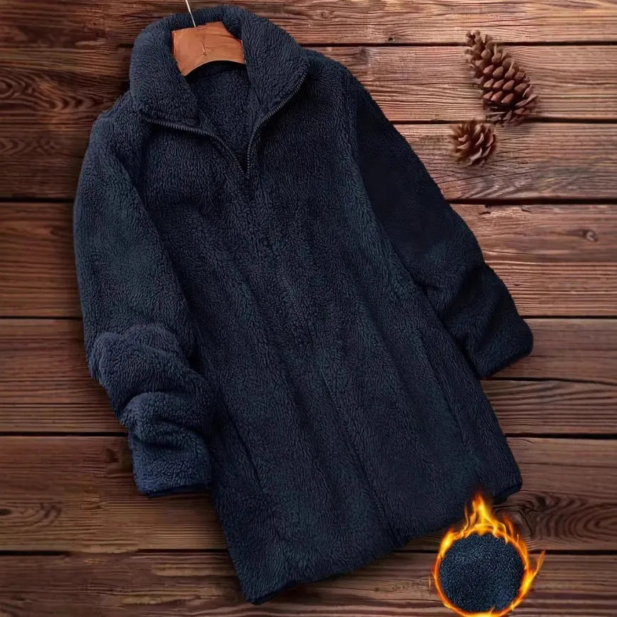 Double-sided velvet fleece jacket in black, navy blue and khaki colours showing front view
