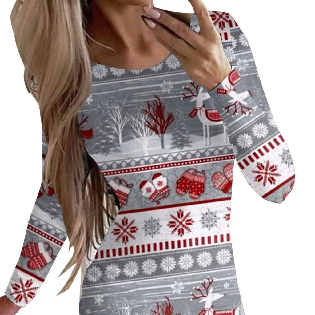 Women's long sleeve bodycon dress with Christmas animal print in a floral colour.