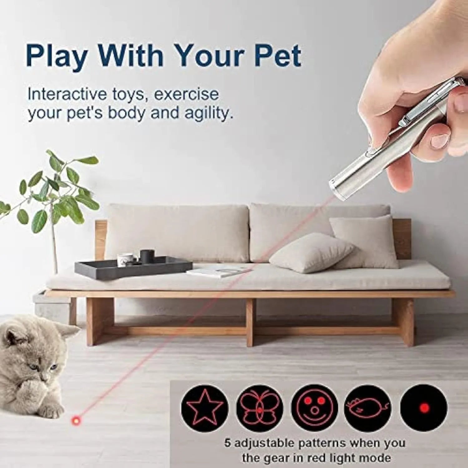 Silver aluminium cat laser pointer toy with USB charging port and projection patterns.