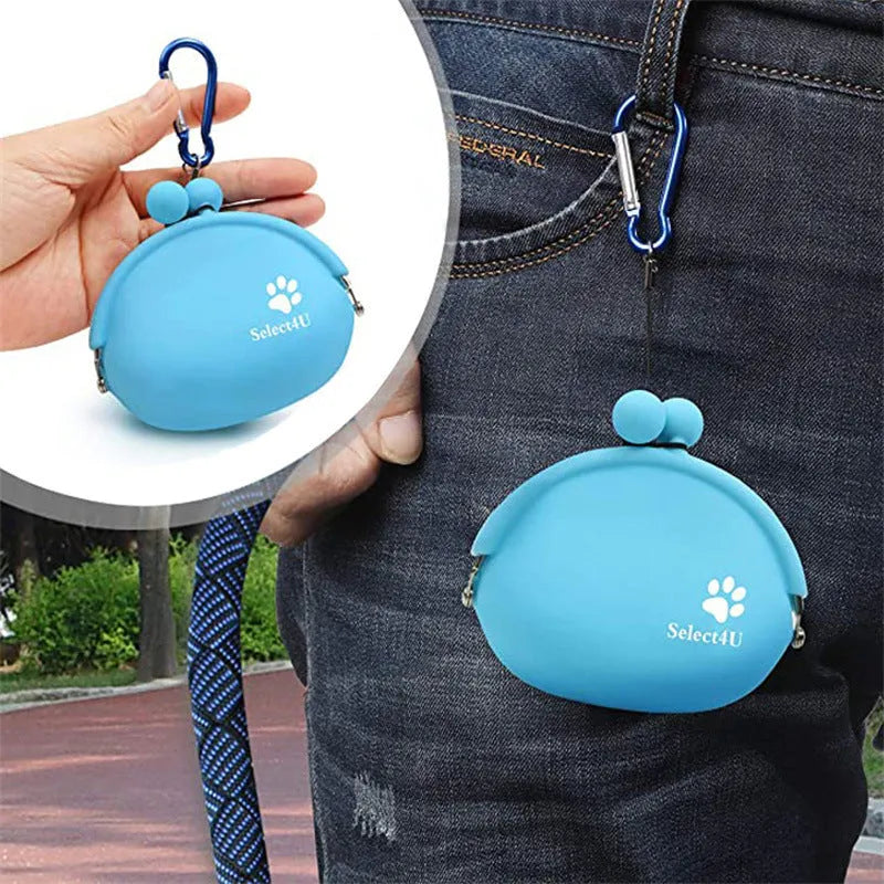 Yellow silicone dog treat waist bag with hook and loop closure, shown next to dog treats.