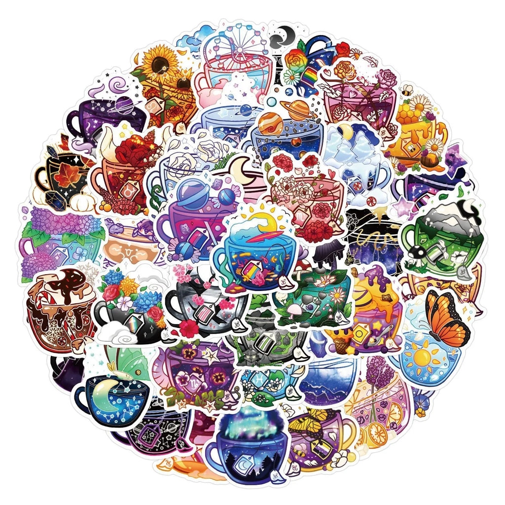 Colourful tea cup graffiti design waterproof vinyl stickers pack of 50 for DIY customisation