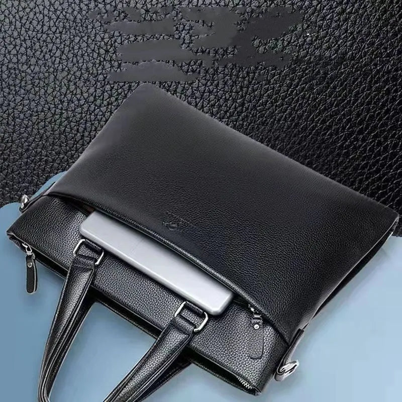 Men's black and brown PU leather shoulder messenger bag with splicing design.