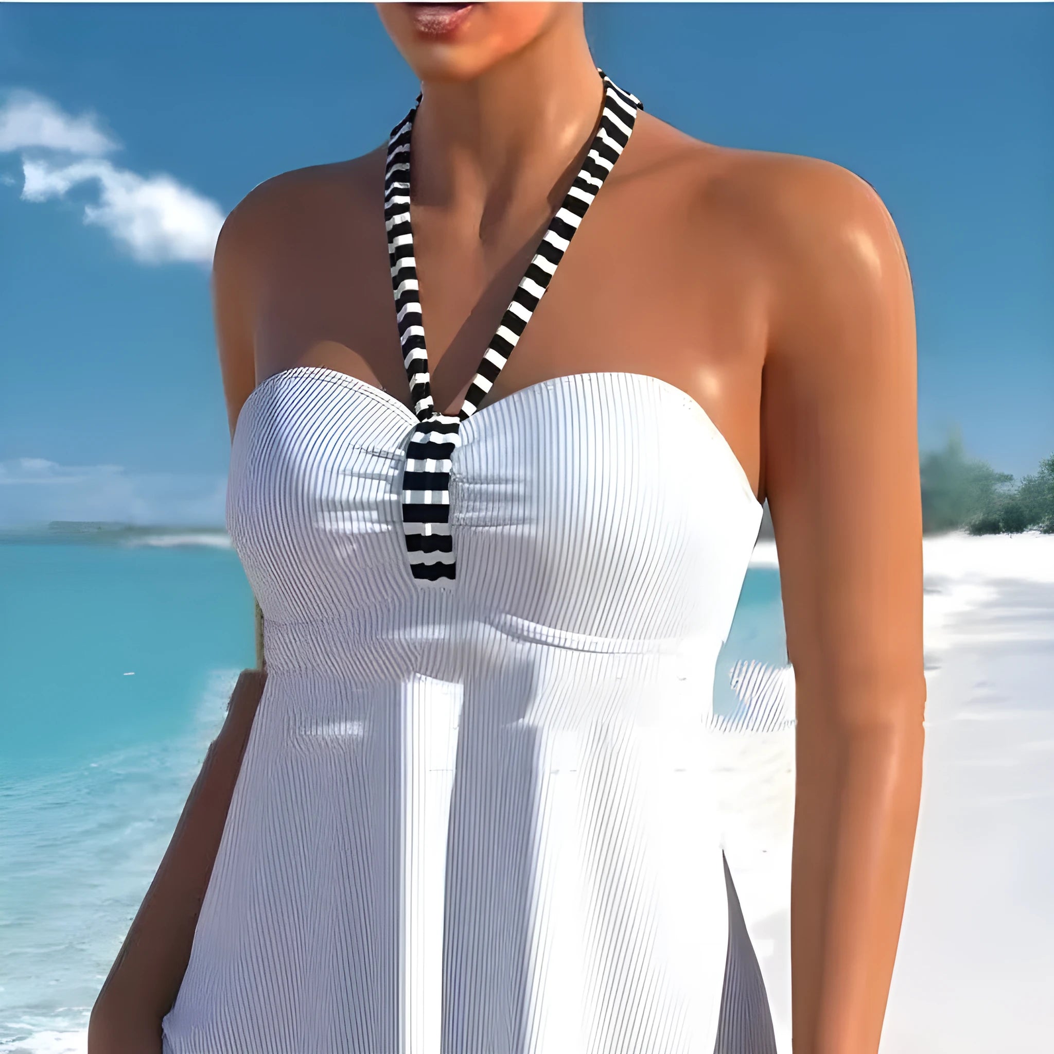 Black and white striped off-shoulder swimsuit with briefs cut and polyester lining