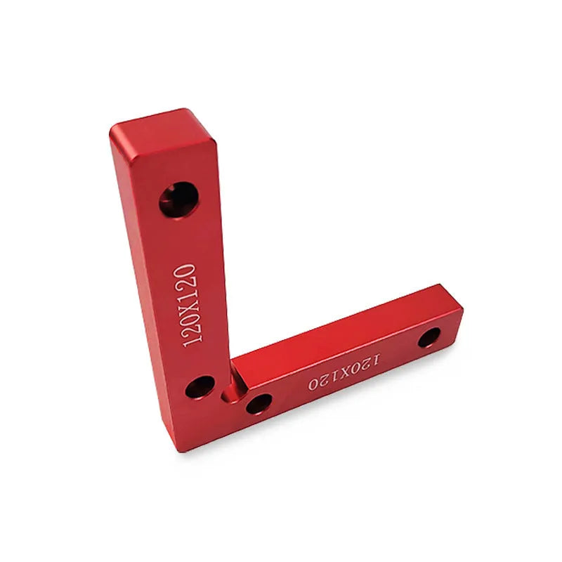 Aluminium right angle woodworking positioning block with scale, shown next to 100mm and 120mm size options.