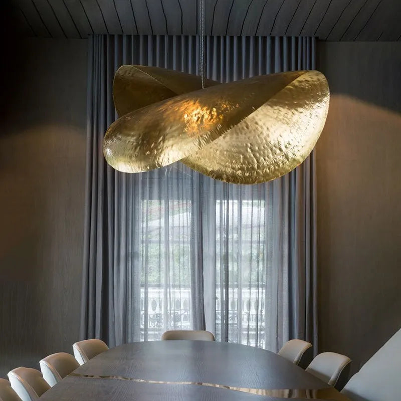 Iron pendant lamp fish line chandelier bamboo hat shape copper accents 45.5cm