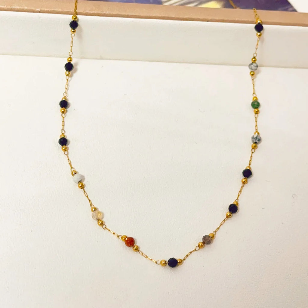 Gold electroplated titanium steel women's necklace with natural stone pendant on O-ring chain