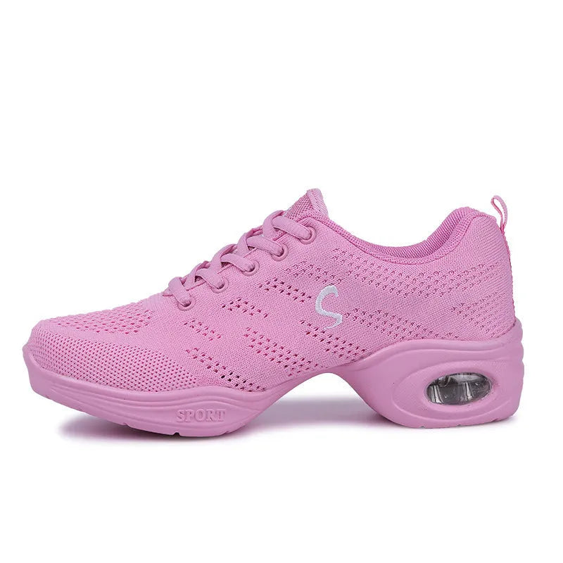 Women's breathable fly woven mesh dance shoes in a light colour with a flexible PU sole.