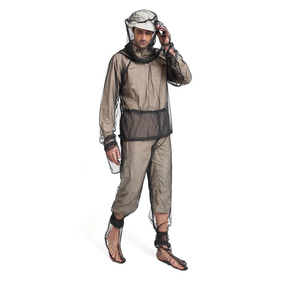 Four-piece anti mosquito suit set showing hooded top, trousers, and protective booties in mesh fabric
