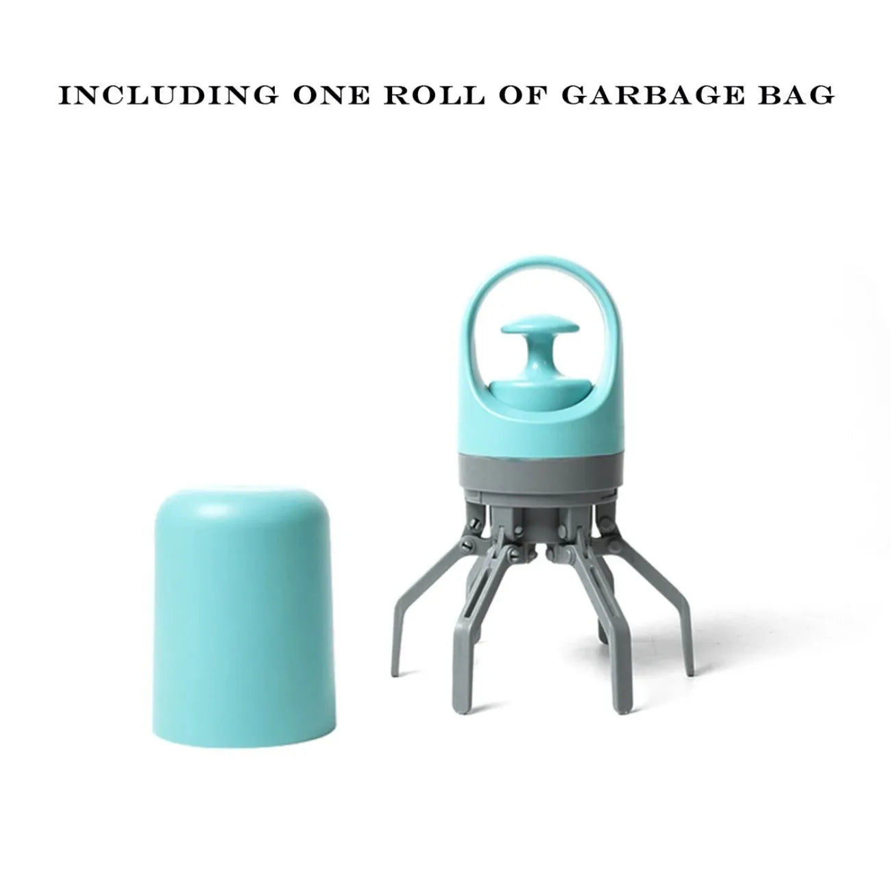 Blue and orange portable claw dog pooper scooper with built-in garbage bag dispenser.