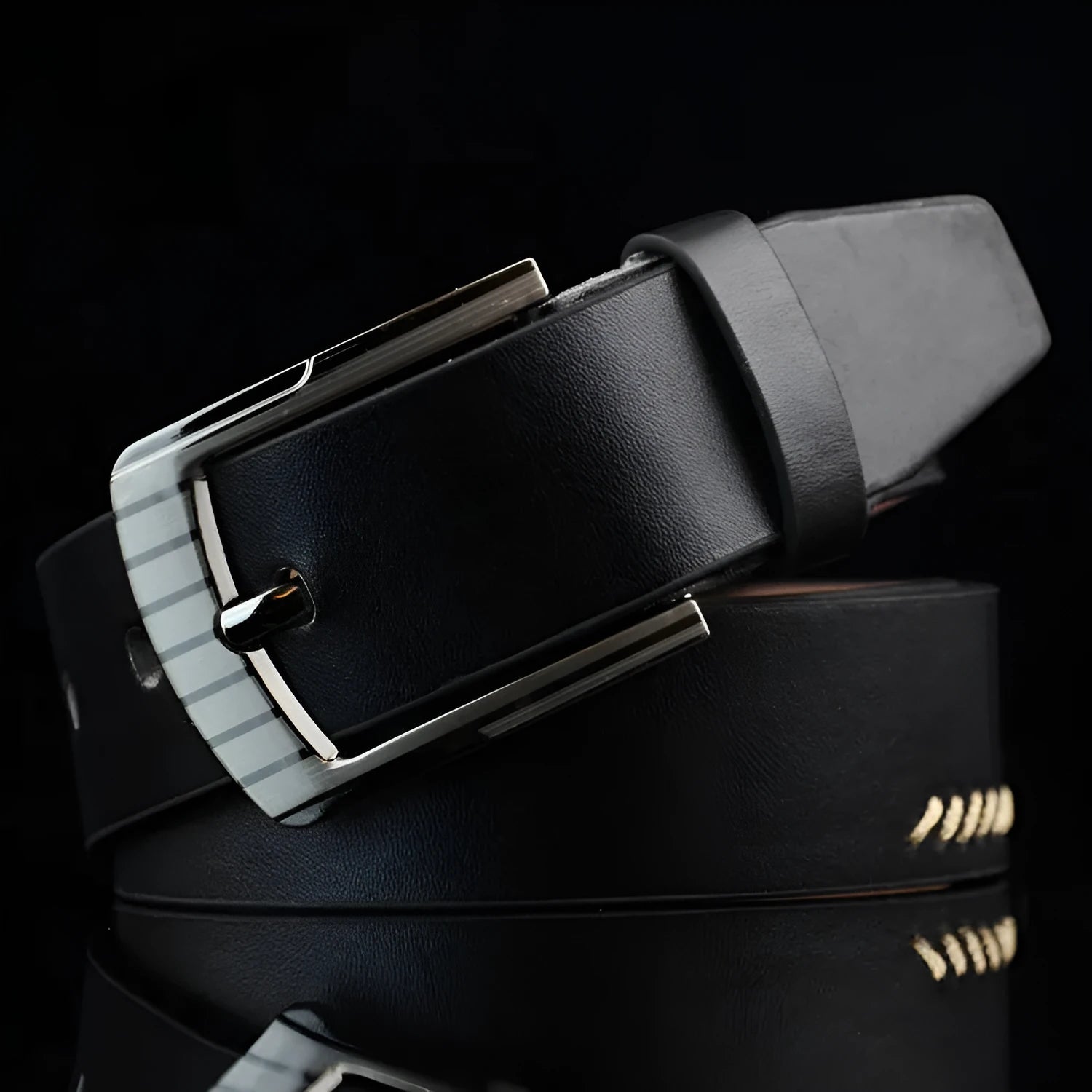 Men's retro styling pin buckle belt in black, brown, and white colour options showing pattern detailing