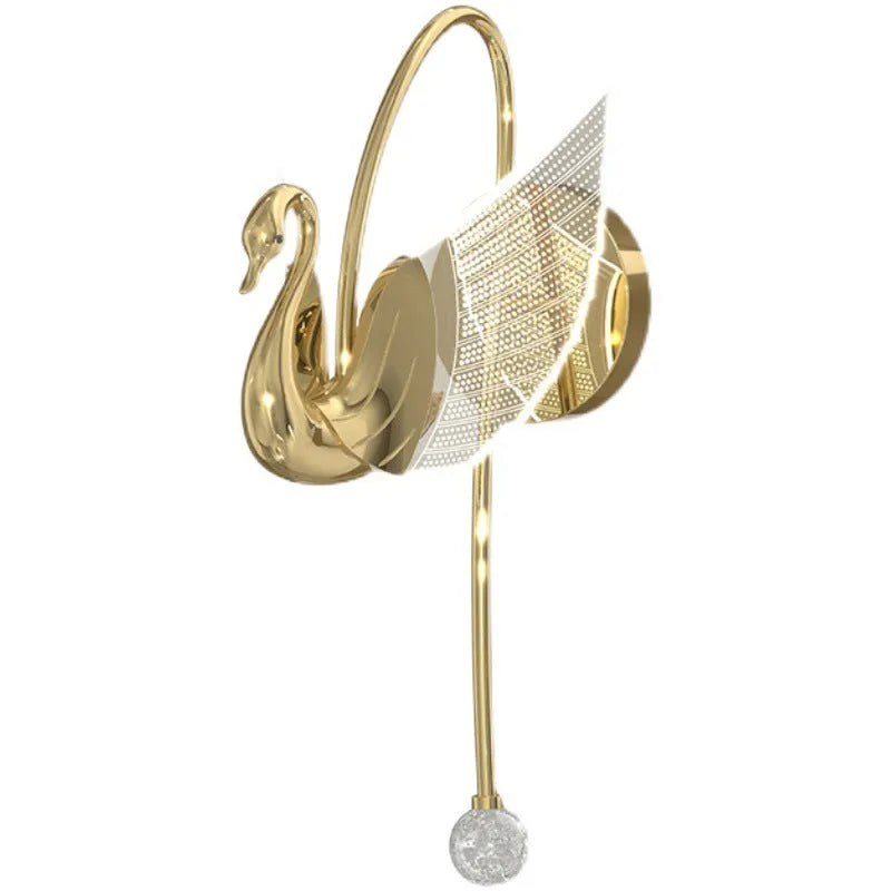 Gold swan-shaped LED wall lamp with acrylic shade and iron construction for bedroom lighting