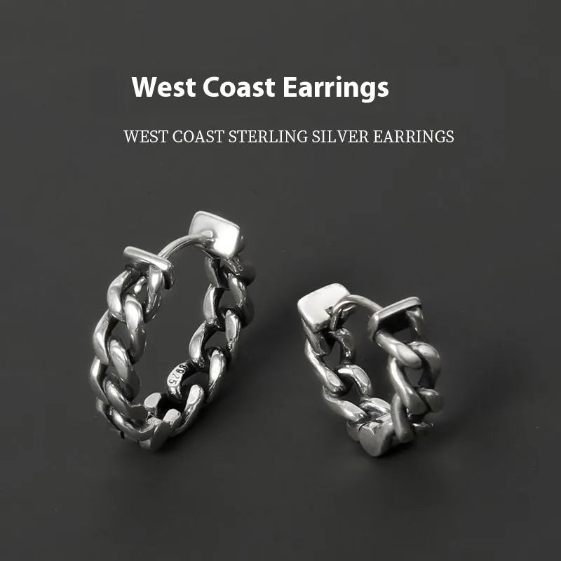 Men's geometric copper earrings in silver and coloured finishes, showing 10mm and 14mm sizes.