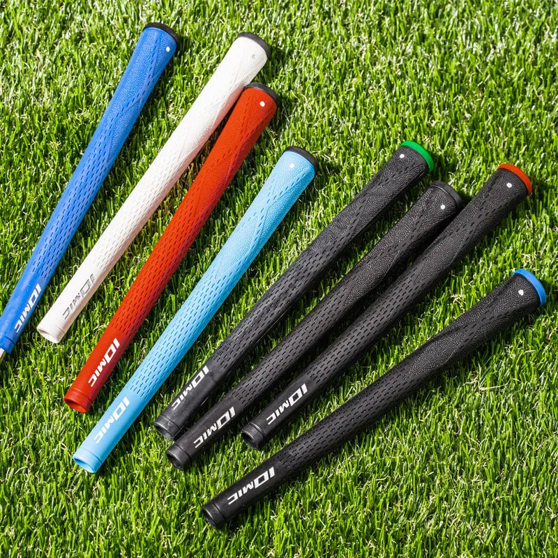 TPE material golf club grip shown in various colours including pink, red, blue, and black with coloured head designs.
