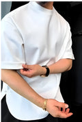 Men's white round hem T-shirt with a button detail on the front curved hem.
