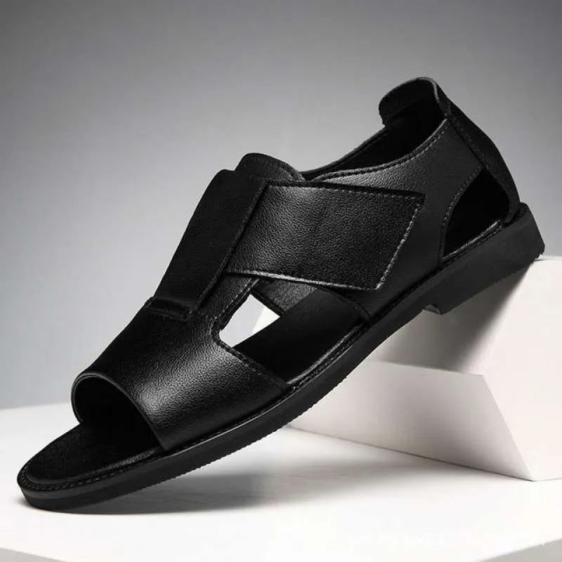 Men's black and brown leather casual sandals with open toe and rubber sole on a neutral background.
