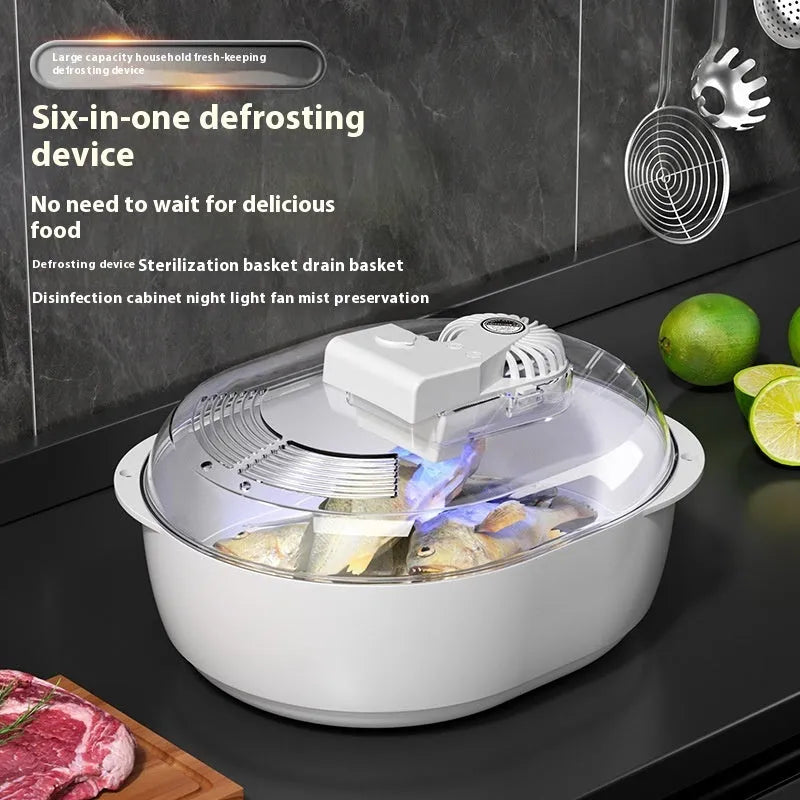 A modern aluminium defrosting plate with a separate USB cable for quick household food thawing.