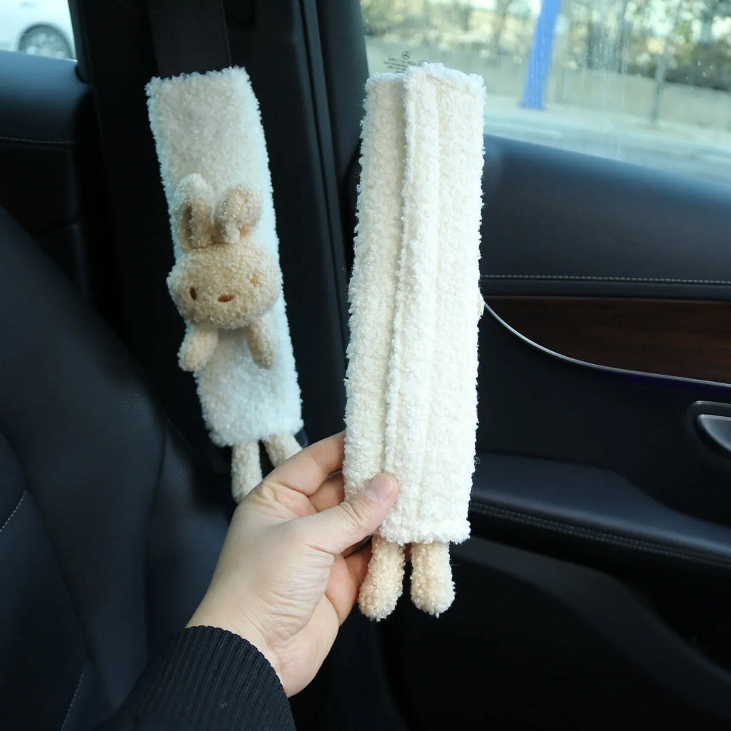Cartoon plush car seat belt shoulder protector with bear and rabbit designs in soft lamb wool