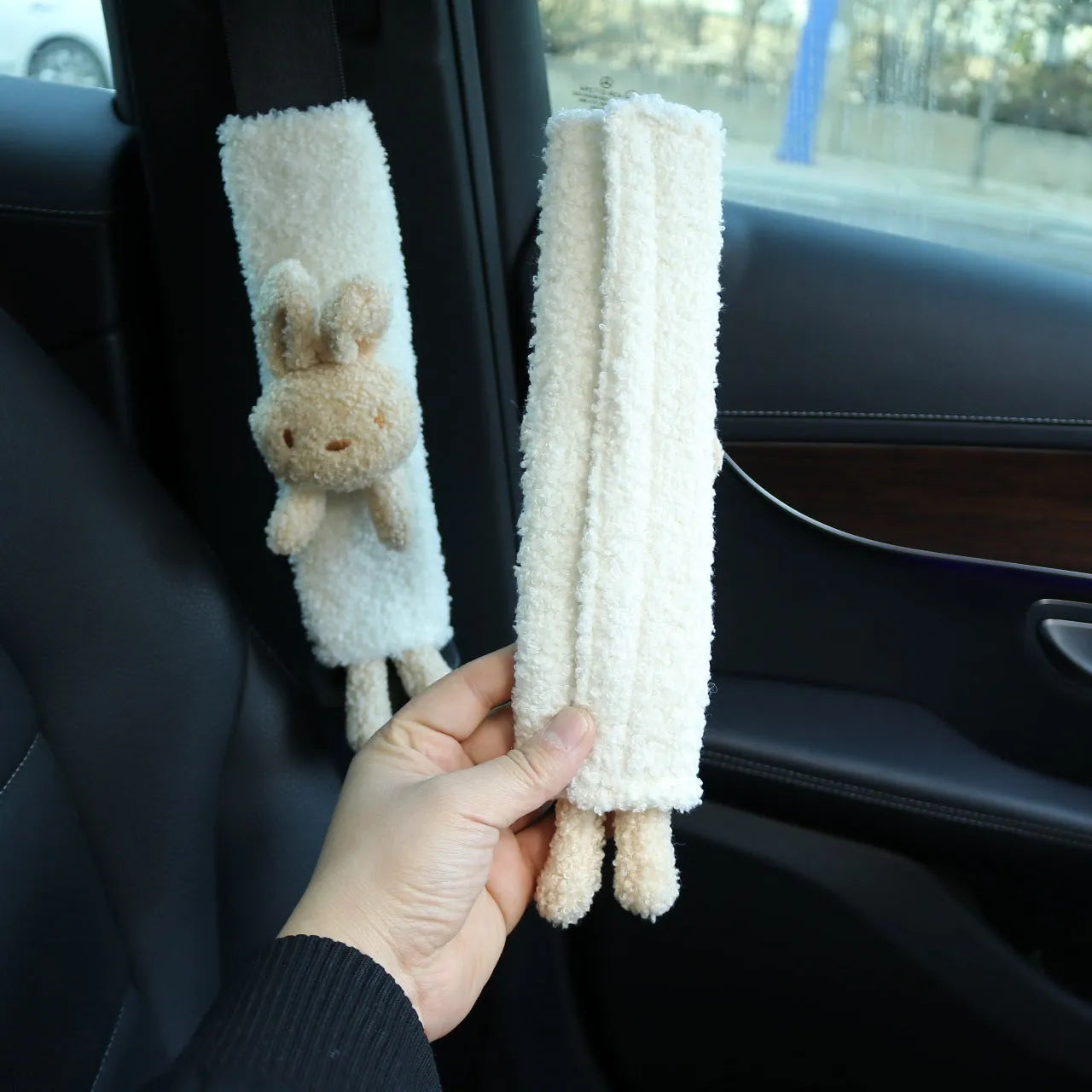 Cartoon plush car seat belt shoulder protector with bear and rabbit designs in soft lamb wool