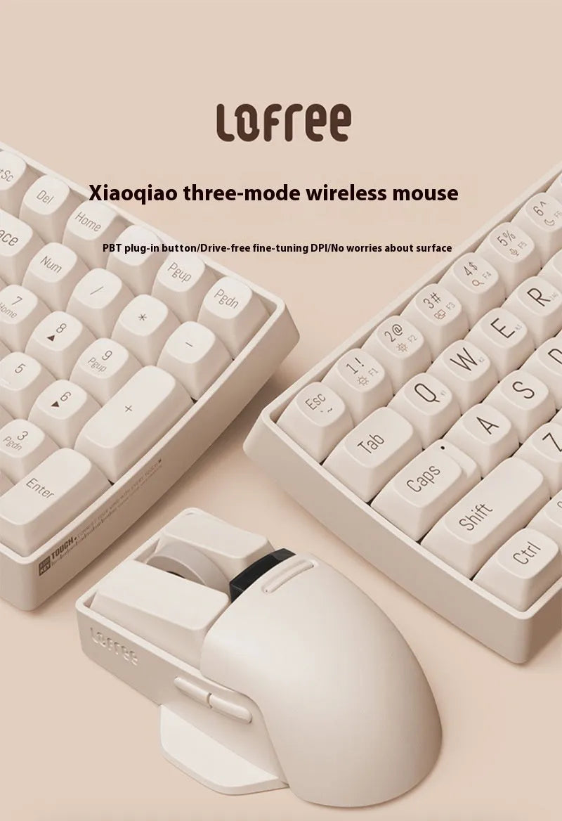 Tofu coloured wireless computer mouse with programmable buttons and scroll wheel on plain background