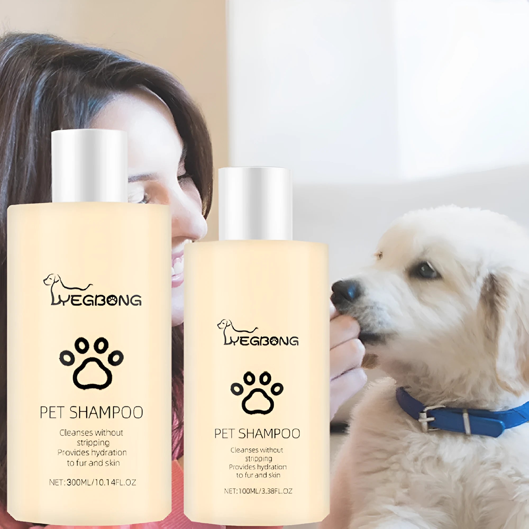 Mild pet shampoo bottle for cats and dogs in 100ml and 300ml sizes