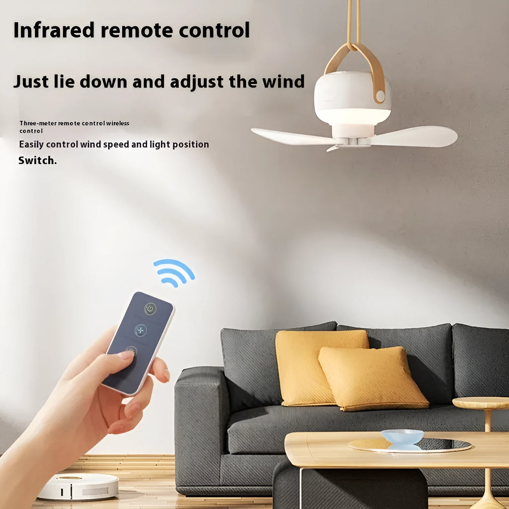 White rechargeable ceiling camping fan with remote control and mounting strap on a 3m wire bracket.