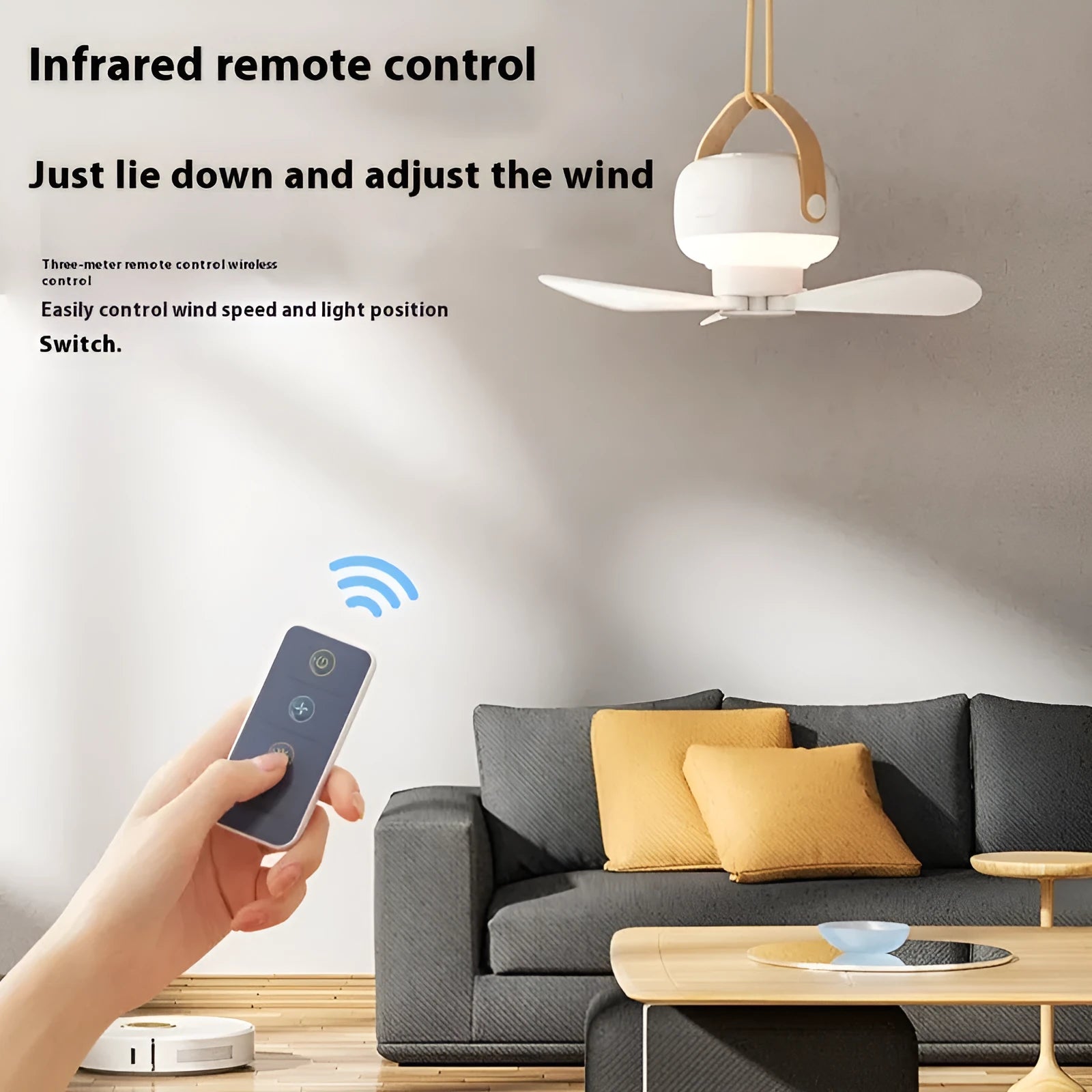 White rechargeable ceiling camping fan with remote control and mounting strap on a 3m wire bracket.