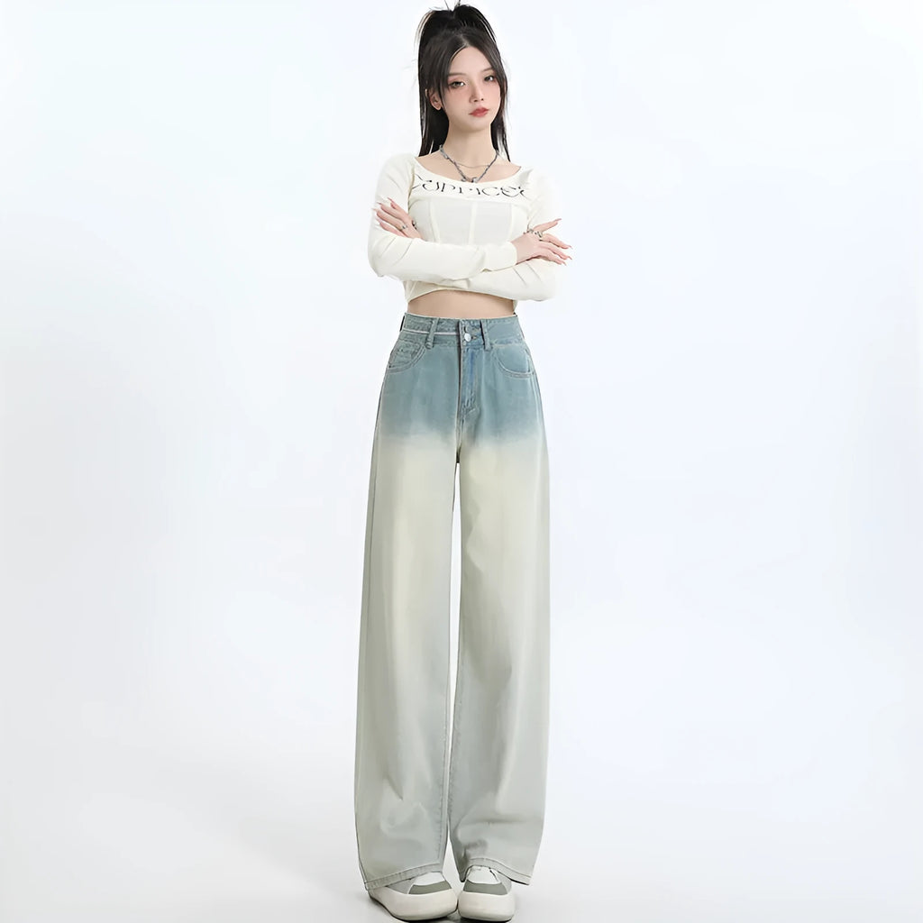 Women's gradient blue straight-leg denim trousers with wide leg design on 100% cotton fabric