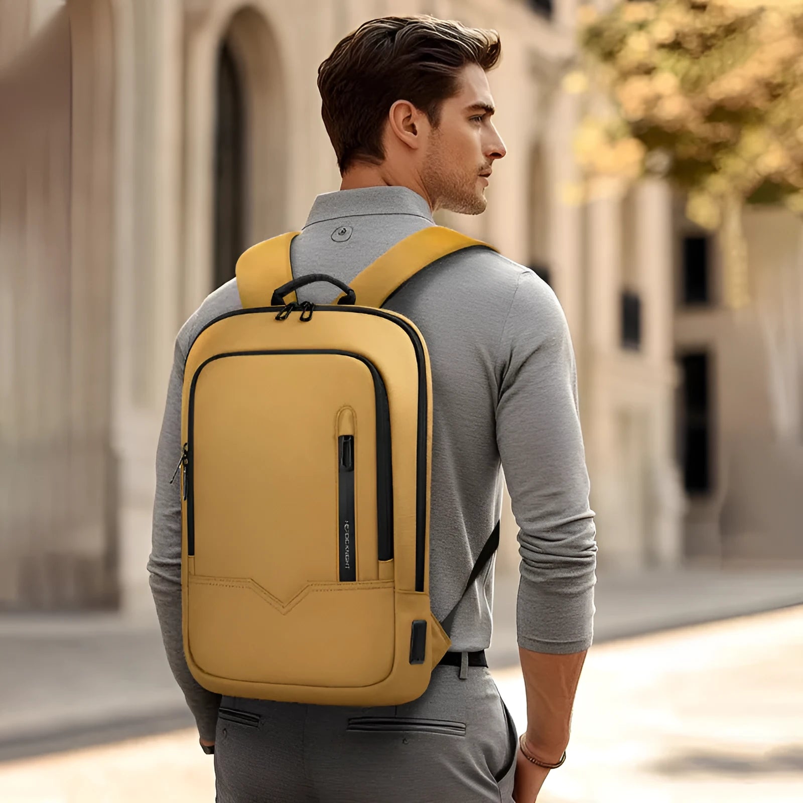Lightweight orange polyester commuter backpack with USB charging port on the shoulder strap.