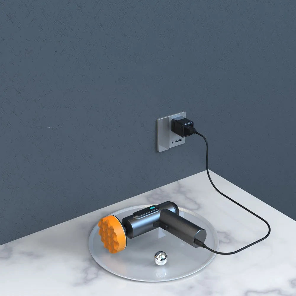Cordless handheld electric waxing and polishing machine with a grey ABS body and a central white polishing disc.