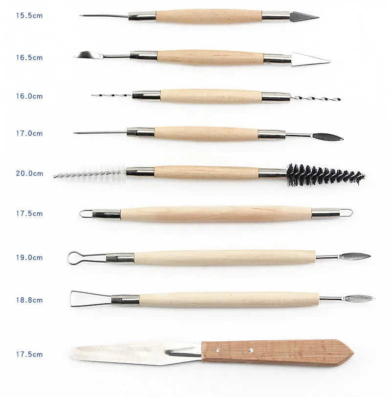 27-piece pottery clay tool set with stainless steel, wood, and plastic tools in a brown roll package.
