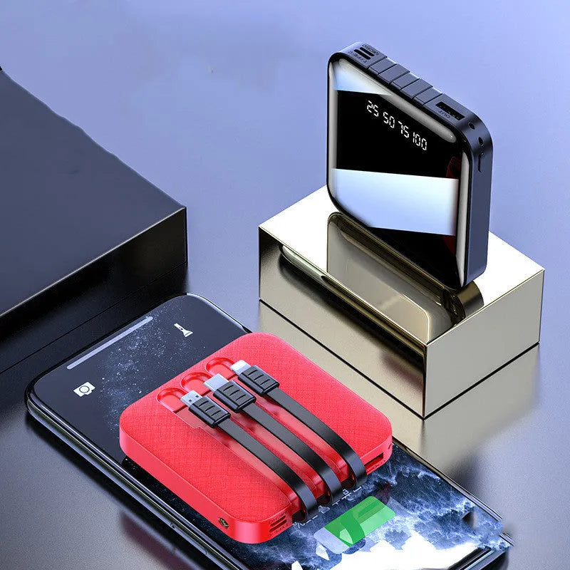 Mirror three-wire power bank in black or red with integrated charging cable