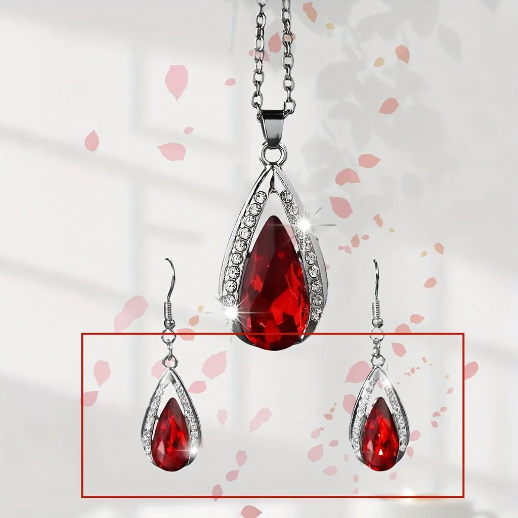 Teardrop glass pendant necklace and matching earrings set in black or red alloy jewellery