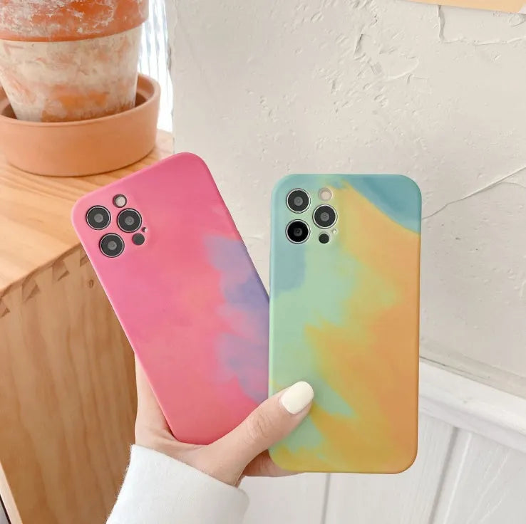 Silicone iPhone case with gradient geometry abstract design in blue, green, pink, purple colour options