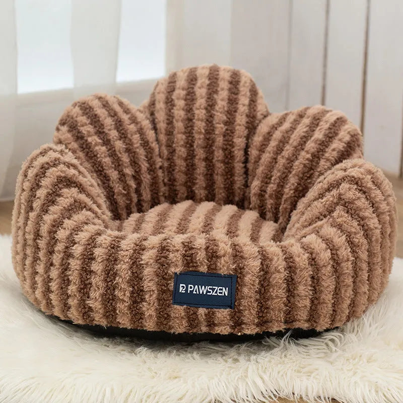 Petal Cat Nest Thickened Large Warm Kennel Cloth Pet Bed with Striped Flower Design in Light Blue and Coffee for Cats Indoor Use Small Medium Large Sizes Cushion Cage Accessory