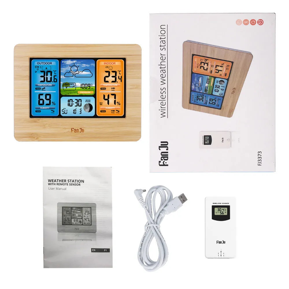 Rectangular LCD weather station showing temperature, humidity, and calendar on black or yellow plastic case