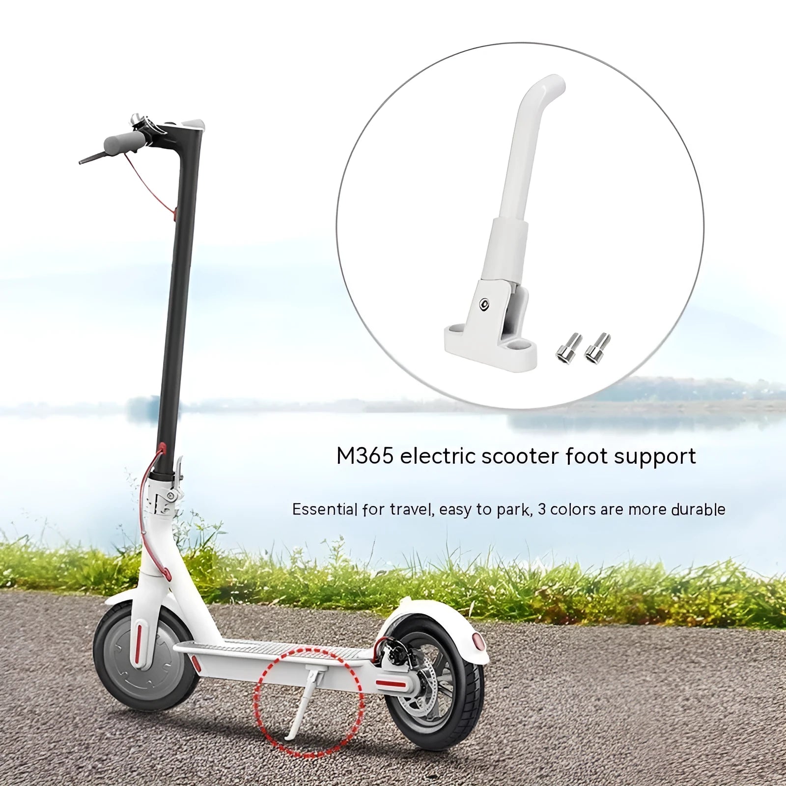Aluminium electric scooter foot brace accessory in black, white, and grey colours with mounting screws