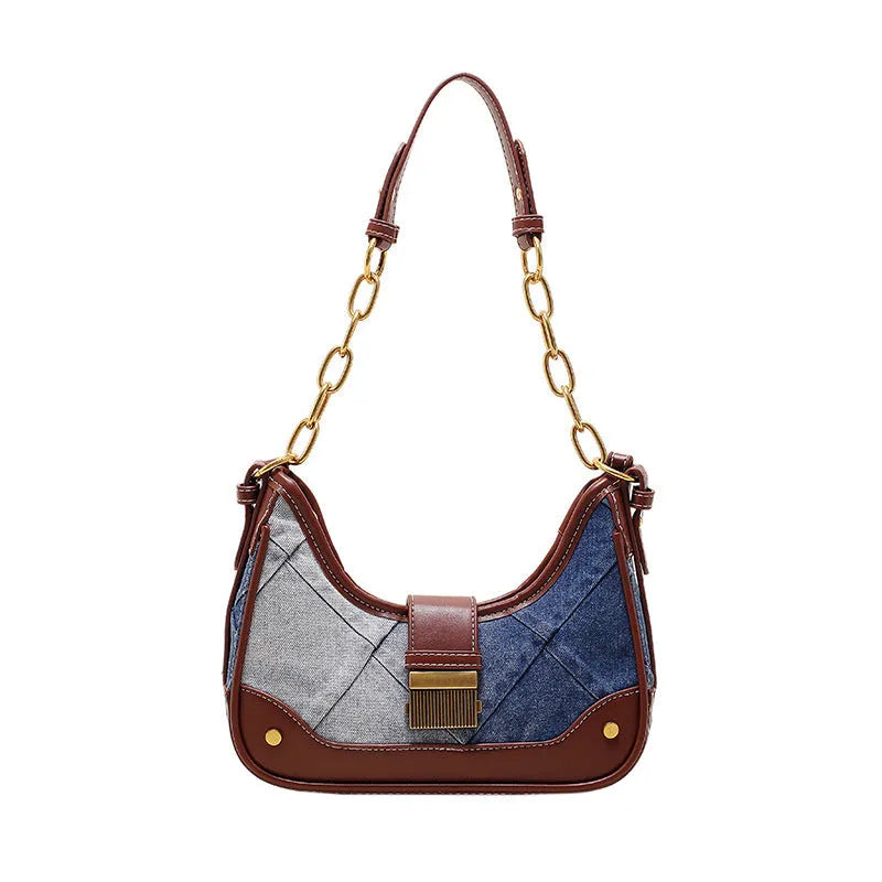 Brown denim women's bucket shoulder bag with diamond chain detailing and double straps