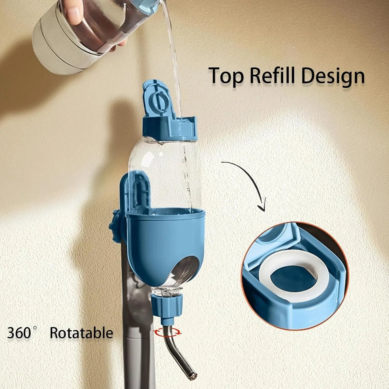 Small animal water bottle with rotatable nozzle mounted on cage bars, showing blue colour option