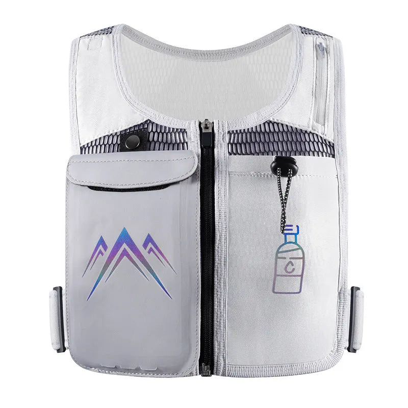 Breathable grey sports running vest with a front mobile phone pouch and a separate black water bottle bag.