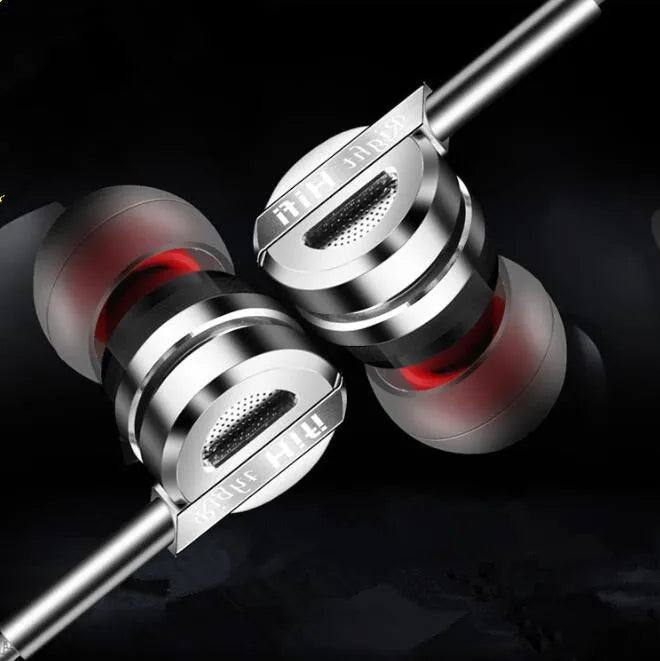 Black metal HIFI piston in-ear headphones with a 3.5mm plug and inline microphone controls.