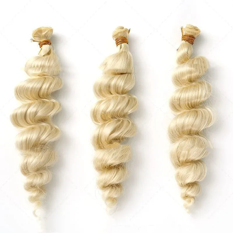 Golden synthetic hair weft wig for women shown in 18 inch, 20 inch and 22 inch length options.