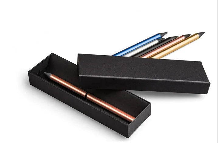 Inkless metal pen with alloy steel nib in five colours including black, blue, silver, gold and rose gold