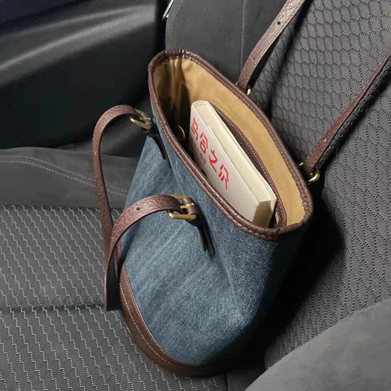 Denim patchwork one-shoulder bucket handbag with polyester construction