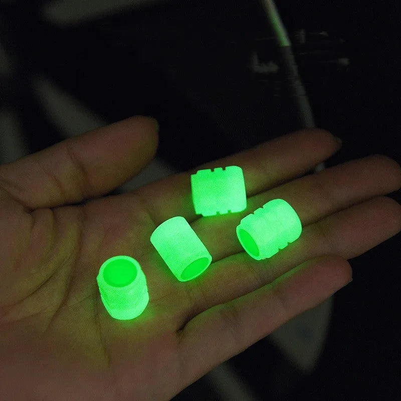 Car luminous rubber valve caps showing glow-in-the-dark feature and 16mm x 12mm size