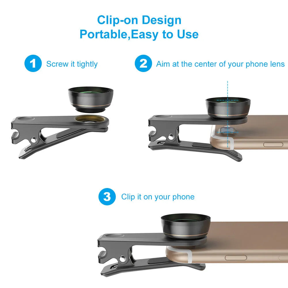 Black 6-in-1 smartphone lens kit with fisheye, macro, telephoto, wide-angle, CPL and star filter lenses and a universal clip.