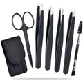 6-piece stainless steel eyebrow tweezers set with scissors, brush, and leather protective case